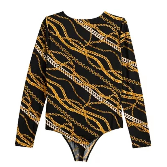 INTEMPO Long Sleeve Halter Bodysuit, Black Gold Chains Print, Plus Size 2X - Picture 3 of 4